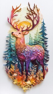 立体山水麋鹿圆框画