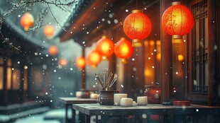 飘雪雪花雪景灯笼