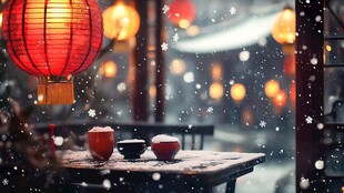 飘雪雪花雪景灯笼