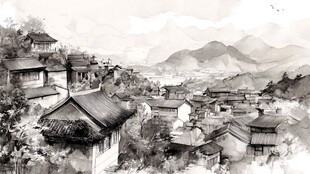 插画横店水彩水墨山水