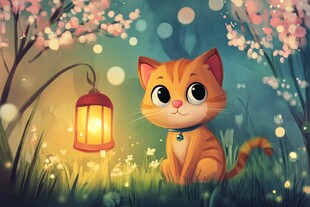 春天猫咪樱花插画壁纸