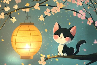 春天猫咪樱花插画壁纸