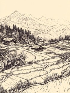 线描乡村场景