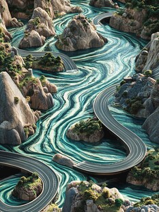 蜿蜒河流山间道路