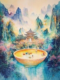 插画横店水彩水墨山水