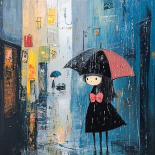 绘呆萌女孩躲雨无框画