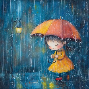 绘呆萌女孩躲雨无框画