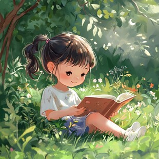 小女孩读书配图