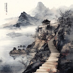 楼阁山水意境画