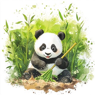 熊猫竹笋插画