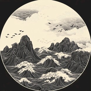 海浪仙鹤云纹中式背景