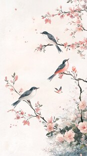 古风桃花花鸟