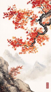 红叶古风山水画