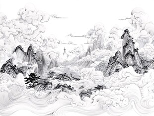 高端山水线包装插画