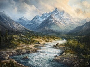 雪山河流油画