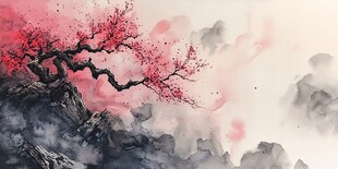 桃花水墨山水画