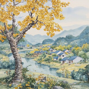 银杏山水风景画