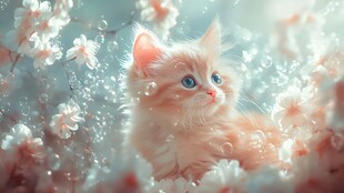 春天猫咪樱花插画壁纸