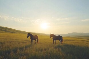 夕阳草原牧马