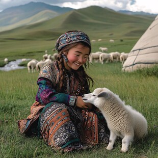 抱小羊的蒙古姑娘