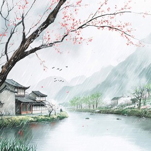 烟雨江南古风山水插画