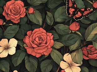 山茶花蝴蝶插画