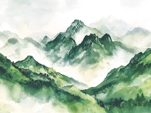 水彩画山峰群山远山