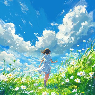 蓝天白云女孩插画