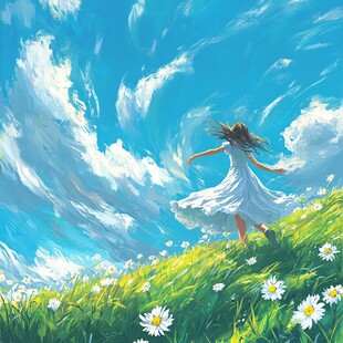 蓝天白云女孩插画