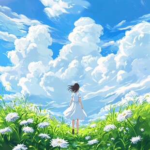 蓝天白云女孩插画