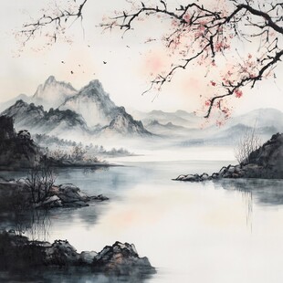 红叶古风山水画