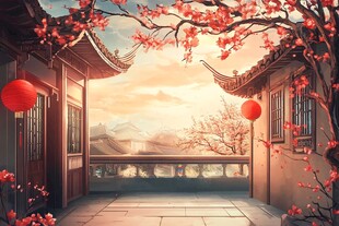 中式梅花阁楼背景