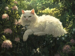 花丛边的猫咪插画