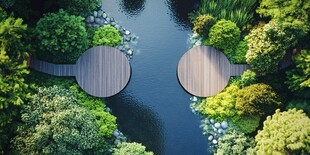 航拍湖泊园林绿树