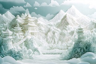 炫彩渐变山水古建插画