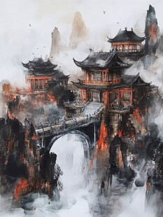 插画横店水彩水墨山水