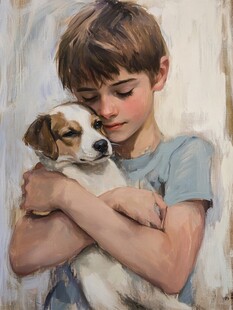抱小狗的男孩