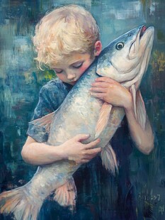 捧着鱼的小孩
