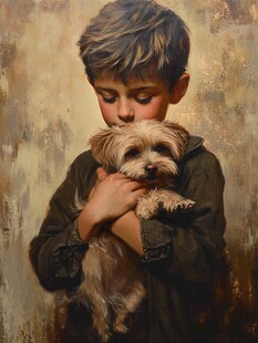 抱小狗的男孩