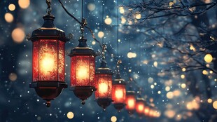 飘雪雪花雪景灯笼