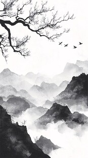 竖版水墨画远山烟雾