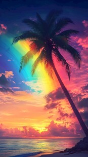 蓝天晚霞大海椰树