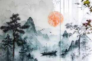 巨幅意境山水玻璃屏风