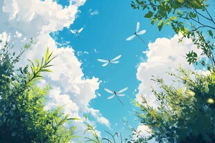 蓝天白云飞鸟绿树