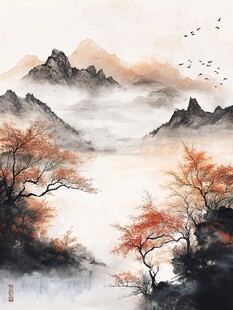 红叶古风山水画