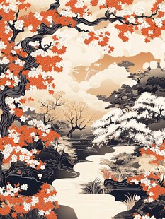 屏风溪流山峦梅花