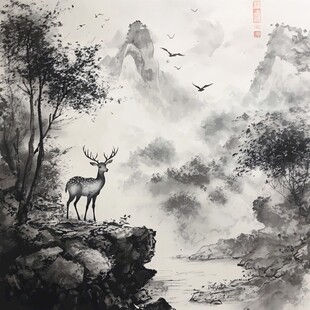 山水麋鹿画