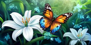 百合花春天蝴蝶飞鸟