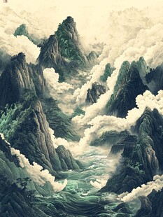 青绿重彩烟云山水手绘