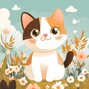 花丛边的猫咪插画